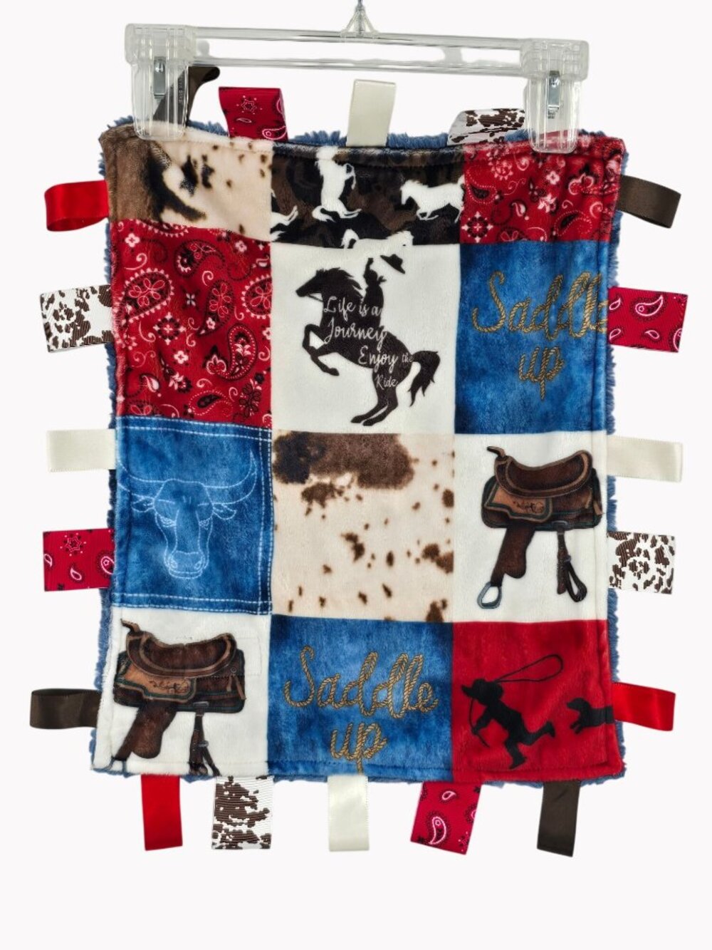 Cowboy Baby Tag Blanket 16x15 Minky Saddle Up Western Security Lovey